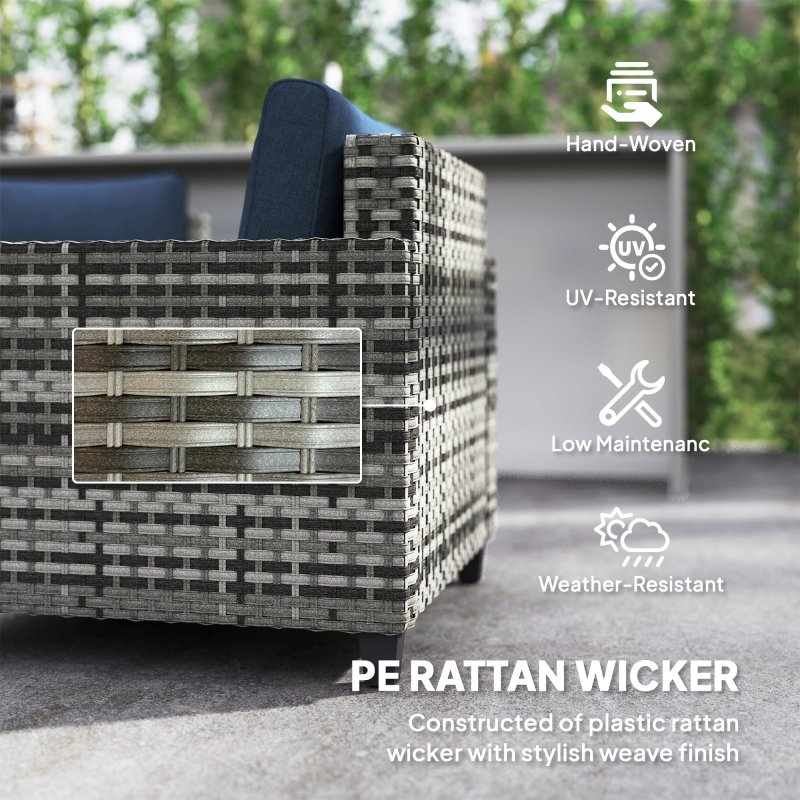 Outsunny 6 Pieces Rattan Garden Furniture Set, 5 Seater Wicker Outdoor Furniture Set with 2 Armchairs, Steel Frame Coffee Table and Cushions for Balcony, Porch, Navy Blue