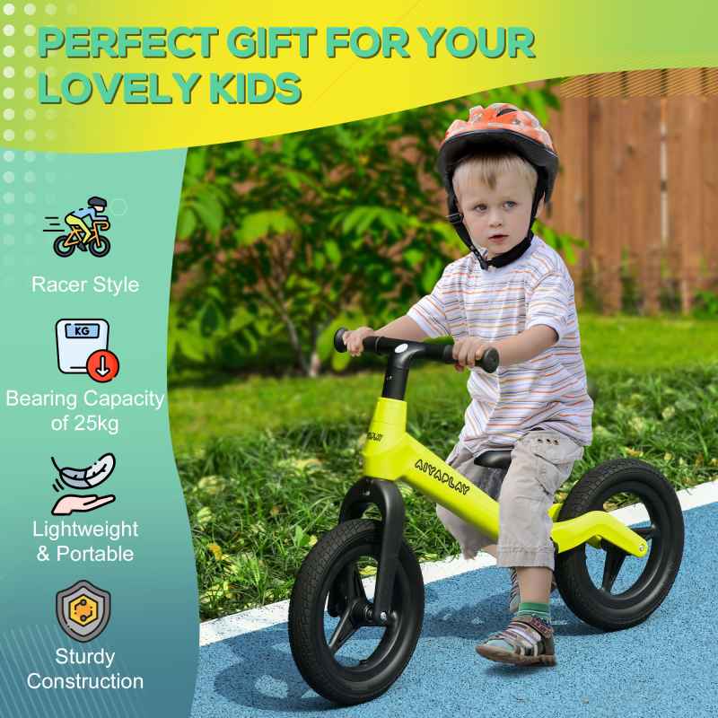 AIYAPLAY 12" Balance Bike with Adjustable Seat and Handlebar Training Bike with PU Wheels for Kids and Toddlers 2.5 to 5 Years Green