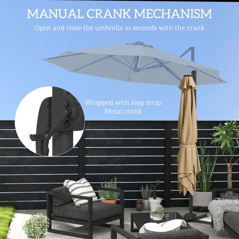 Outsunny 3(m) Cantilever Roma Parasol Adjustable Garden Sun Umbrella with LED Solar Light, Aluminium Frame, Tilt & Crank, UV50+, Cross Base Rotating Outdoor- Khaki