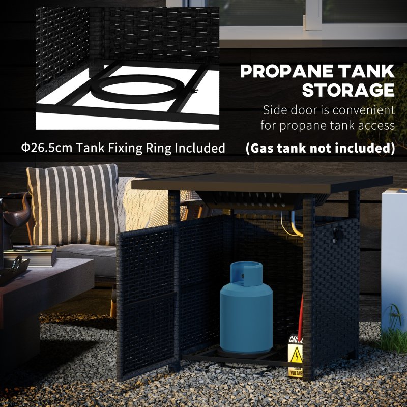 Outsunny Outdoor Rattan Gas Fire Pit Table, 50,000 BTU Square Garden Table with Fire Pit, Rain Cover, Wind Guard, Pulse-Ignition and Volcanic Rock, 72.5 x 72.5 x 67.5 cm, Black