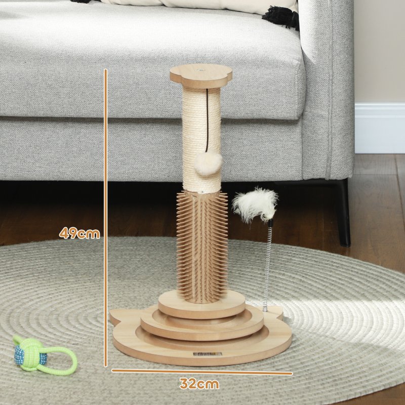 PawHut Cat Scratching Post, 49cm Cat Scratcher with Sisal Post, Interactive Track Ball Toy, Self Grooming Brush, Hanging Toy Ball, Feather, 5 in 1 Small Kitten Cat Scratch post, Oak Tone