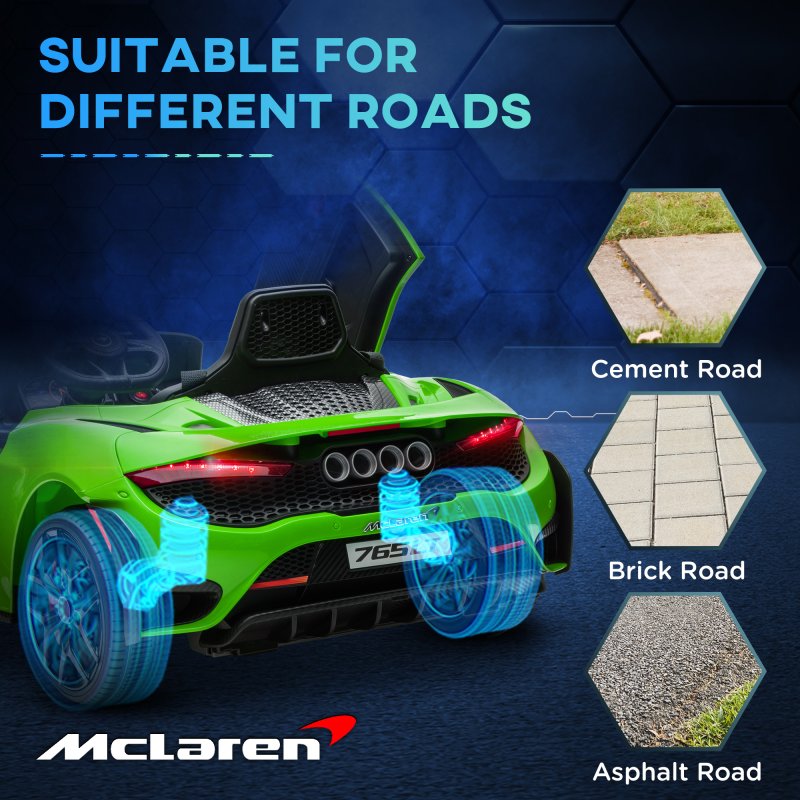 AIYAPLAY McLaren 765LT Licensed Electric Car for Kids with Butterfly Doors, 12V Kids' Electric Ride on with Remote Control, Transport Wheels, LED Lights, MP3 Music, Horn, for 3-6 Years, Green