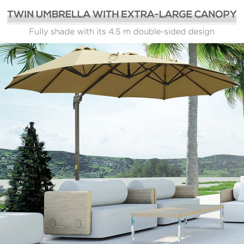 Outsunny 4.5m Patio Cantilever Roma Parasol, Large Double-Sided Rectangular Garden Umbrella with Crank Handle, 360 degrees Cross Base for Bench, Outdoor, Khaki