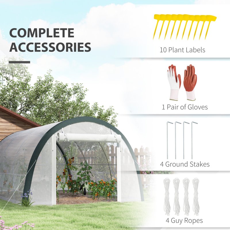 Outsunny 4 x 3(m) Walk-in Polytunnel Greenhouse with Upgraded Structure, Zipped Roll Up Mesh Door, 6 Mesh Windows, Tunnel Warm House Tent with PE Cover, 10 Plant Labels and Gloves, White