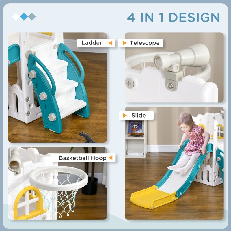 AIYAPLAY Kids Slide, 4 in 1 Toddler Slide with Basketball Hoop, Climber, Telescope, Storage Basket, Indoor Slide for 1-3 Years, Yellow