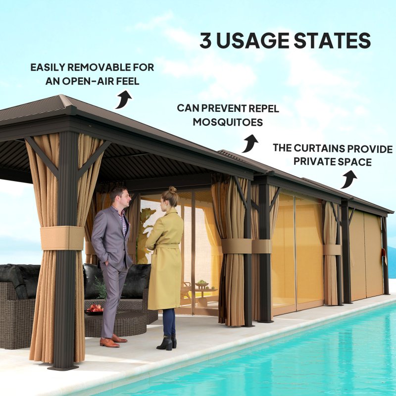 Outsunny 3 x 3.6m Outdoor Hardtop Gazebo Metal Roof Patio Gazebo with Aluminium Frame, Mesh Nettings, Curtains, & Roomy Interior Space, Brown