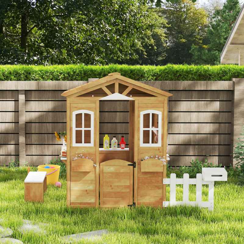Outsunny Wooden Playhouse for Kids Outdoor Wendy House with Door, Windows, Mailbox, Flower Pot Holder, Serving Station, Bench for Children, Toddlers, Yellow