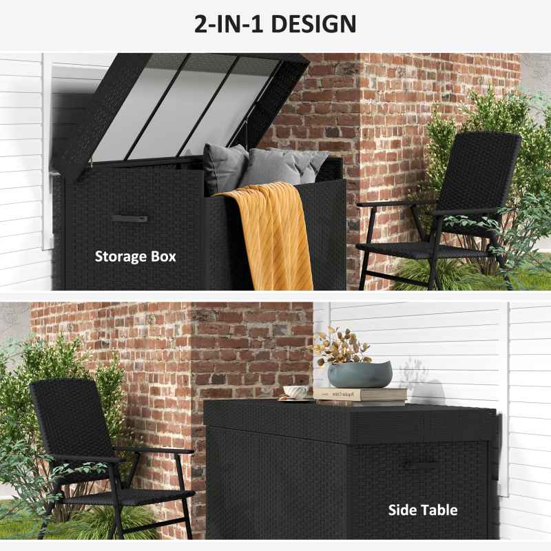 Outsunny 627 L Rattan Garden Storage Box, Outdoor Garden Cushion Storage Box with Gas Lift Lid and Wheels, Outdoor Rattan Chest Container for Cushions, Pillows and Tools, Black