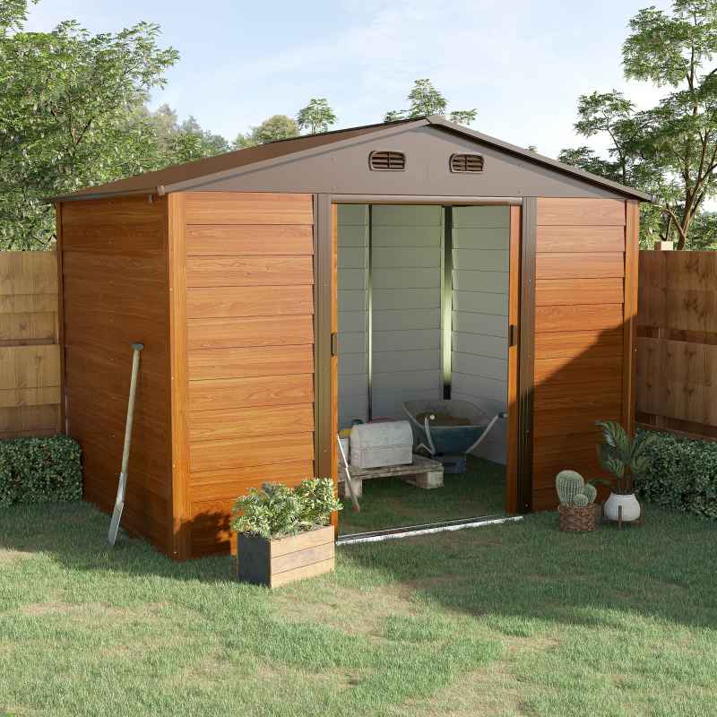 Outsunny 9 x 6ft Metal Garden Shed, House Hut Gardening Tool Storage with Ventilations, Sliding Door, Sloped Roof for Garden, Patio, Brown