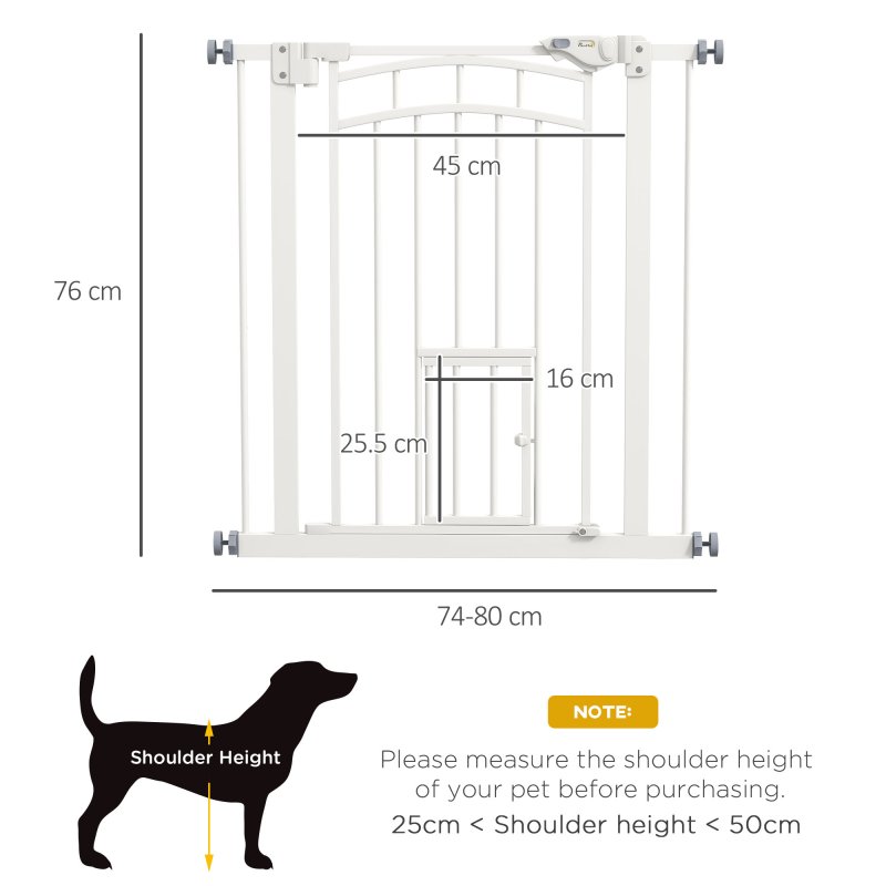 PawHut Dog Stair Gate Pet Barrier with Small Cat Door, Pressure Fit Safety Gate  with Auto Closing System, Double Locking, for Hallways - White