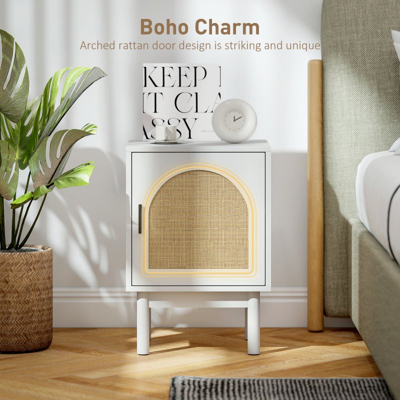 HOMCOM Rattan Bedside Table, Boho Bedside Cabinet with Adjustable Shelf and Solid Wood Legs, Side Table for Living Room, Bedroom