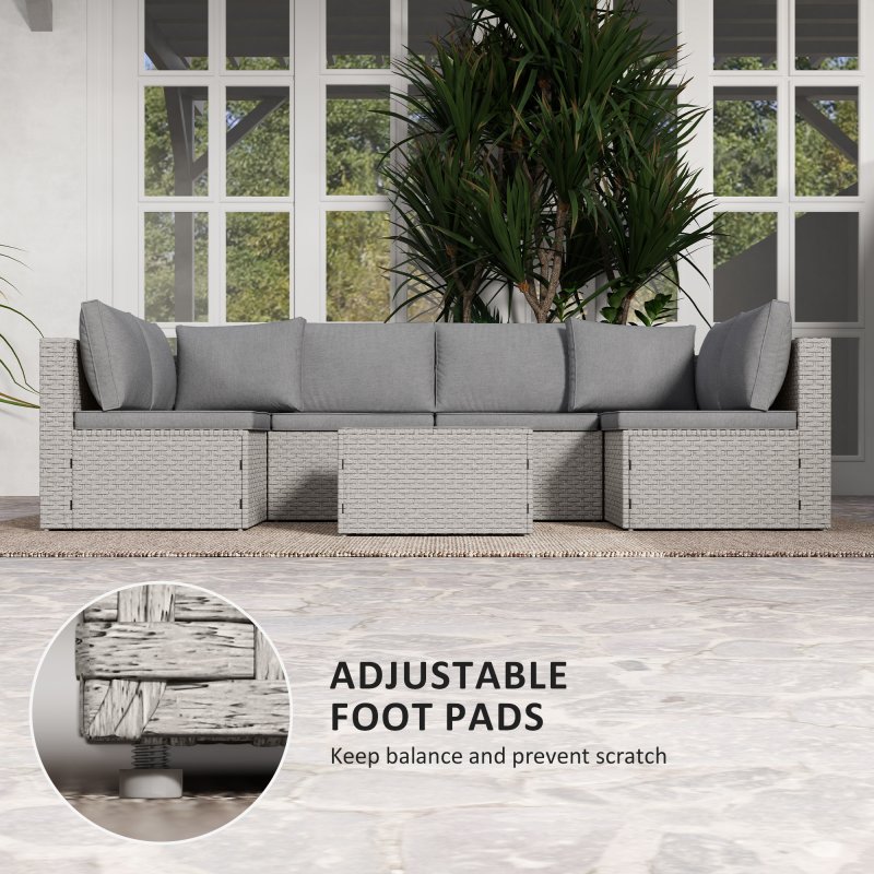 Outsunny 7 Pieces Rattan Garden Furniture Set, 6 Seater Garden Corner Sofa with Wide Seat, Cushions and Glass Top Table, Sectional Outdoor Furniture Conservatory Set for Patio, Grey