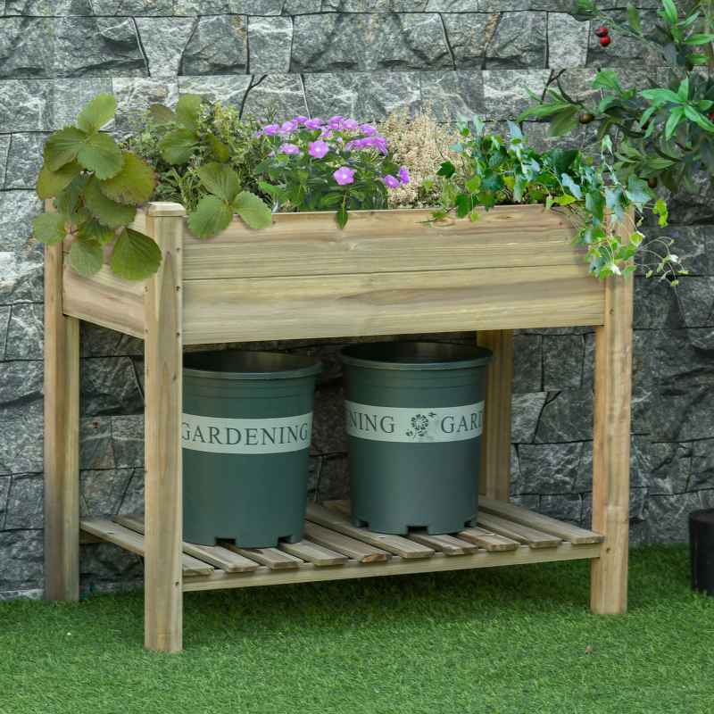 Outsunny 91cm x 51cm x 76cm Raised Garden Bed with Legs and Storage Shelf, Elevated Wooden Planter Box, Gardening Standing Growing Bed for Backyard, Patio, Balcony