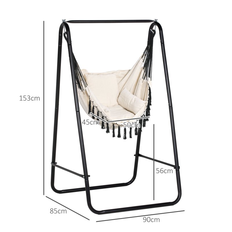 Outsunny Patio Hammock Chair with Stand, Outdoor Hammock Swing Hanging Rope Chair with Cushion, Armrest, Hooks, Cream White