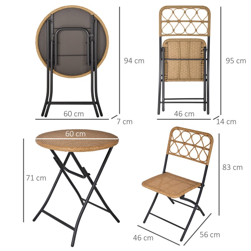 Outsunny 3 Pieces Rattan Bistro Set, Wicker Folding Garden Furniture Set with Coffee Table and Chairs for Outdoor, Patio, Balcony, Natural