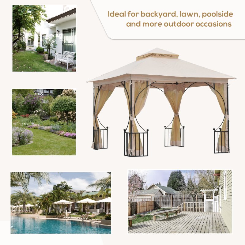 Outsunny 3 x 3m Garden Gazebo Patio Party Tent Shelter Outdoor Canopy Double Tier Sun Shade with Metal Frame and Netting, Beige