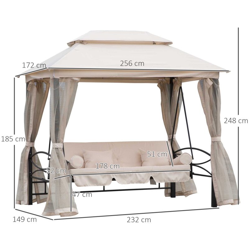 Outsunny 3 Seater Convertible Swing Chair, Outdoor Gazebo Swing Seat Bed with Double Tier Canopy, Cushioned Seat, Mesh Sidewalls and Curtains, Beige
