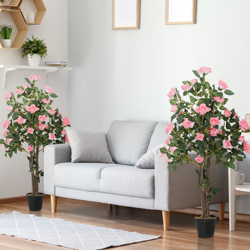 HOMCOM Set of 2 Decorative Artificial Plants, Faux Silk Rose Trees in Pot, Fake Plants for Home Indoor Decor, 110?cm, Pink