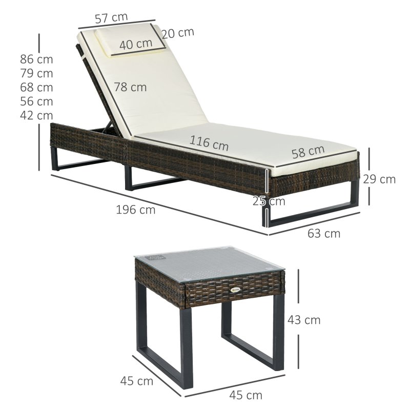 Outsunny 3-piece PE Rattan Sun Lounger Set with Adjustable 5-Position Recliner, Patio Chaise Lounge Chair Set with Cushions, Headrests, Glass Top Square Coffee Table, Brown