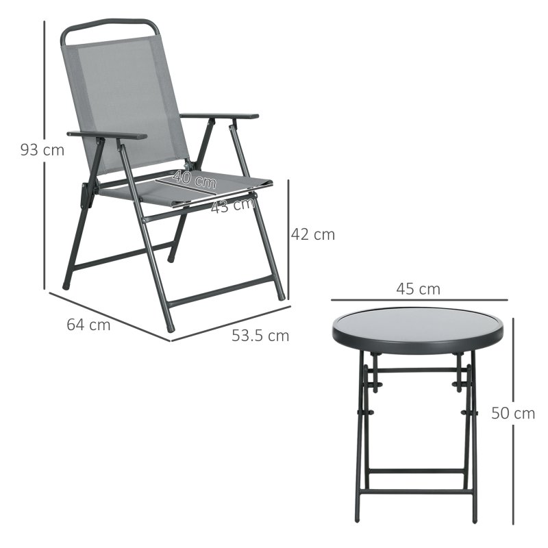 Outsunny Garden Bistro Set, 3 Pieces Table and Chairs Set, Outdoor Garden Furniture with Foldable Breathable Mesh Fabric Armchairs & Glass Top Coffee Table, Light Grey