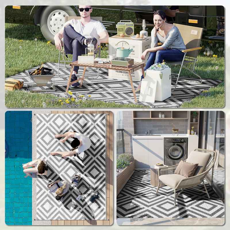 Outsunny Reversible Outdoor Rug with Carry Bag, Waterproof Plastic Straw Mat for Garden, Deck, RV, Picnic, Beach, Camping, 182 x 274cm, Black & White