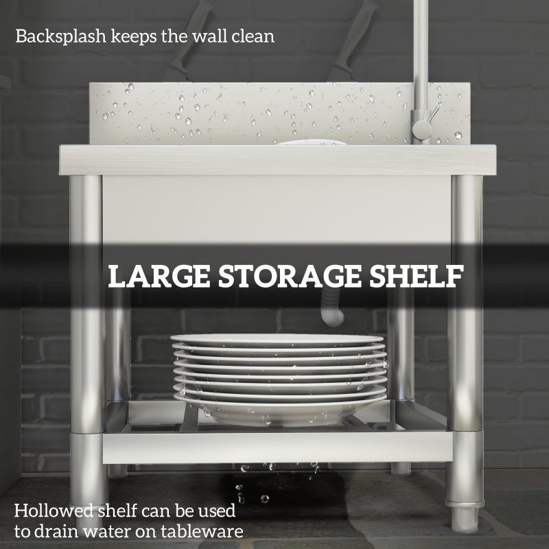 HOMCOM Outdoor Utility Sink, Stainless Steel Free Standing Single Bowl Kitchen Sink with Cold and Hot Water Pipe and Storage Shelf for Laundry Garage, 55 x 50 x 100 cm