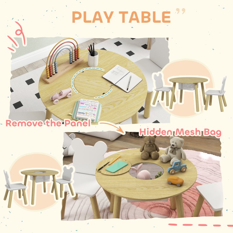 AIYAPLAY 3 Pieces Toddler Table and Chair Set with Centre Mesh Bag, Kids Activity Table Set with Bear Shaped Backrest, for Arts, Crafts Reading Dining, Aged 3-6 Years