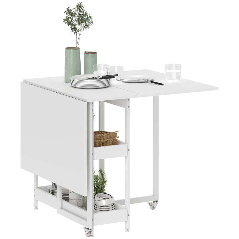 HOMCOM Industrial Folding Dining Table, Drop Leaf Table with Open Compartments for Small Spaces, Kitchen, Dining Room, White