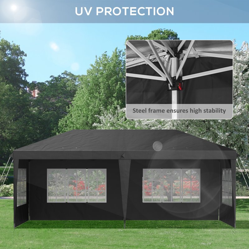 Outsunny 3 x 6m Garden Pop Up Gazebo, Height Adjustable Marquee Party Tent with Sidewalls, Storage Bag, Black