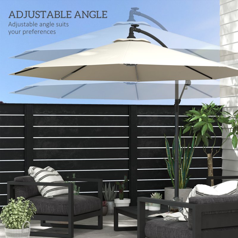 Outsunny 3(m) Banana Cantilever Parasol with Solar LED Lights, Garden Umbrella with Cross Base and Crank Handle, Hanging Offset Sun Shade for Outdoor, Patio, Beige
