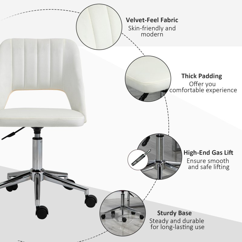 Vinsetto Mid Back Office Chair, Velvet Fabric Swivel Scallop Shape Computer Desk Chair for Home Study Bedroom, Cream White