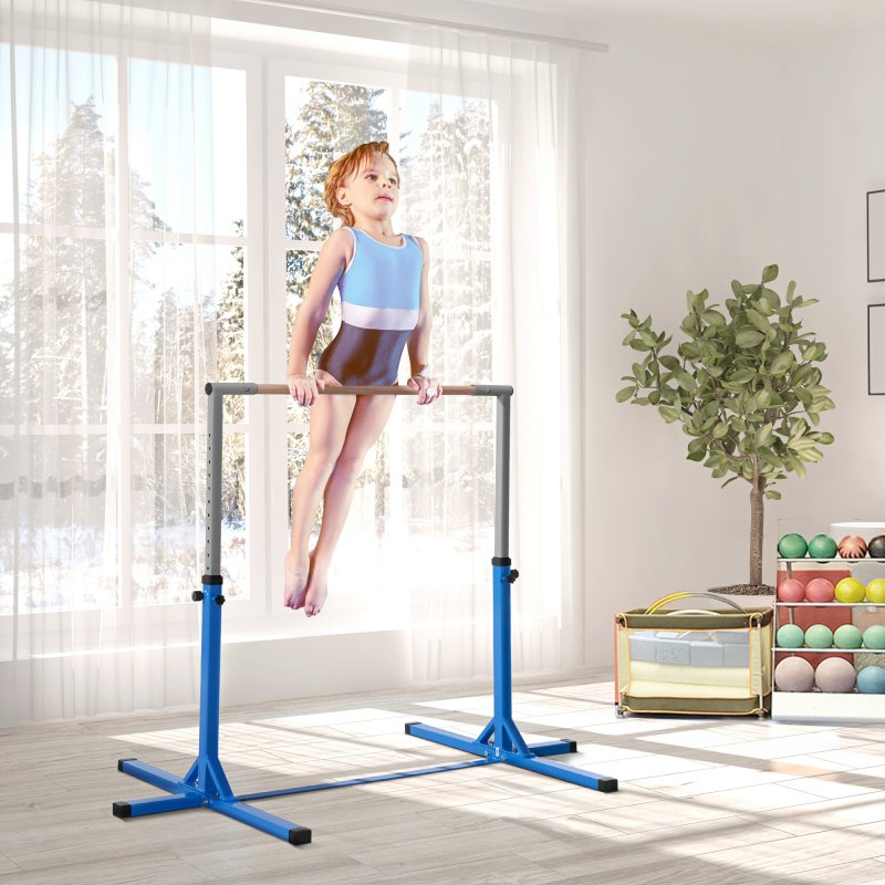HOMCOM Height Adjustable Gymnastics Horizontal Bar For Kids Home Gym Training Children Junior Kip High Bar Fitness, Blue