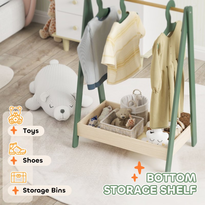 CHINESE AIYAPLAY Kids Clothes Rail, Children Dress Up Rail with 3 Hangers, Bottom Storage Shelf, Gift for Girls, Boys, Nursery, Bedroom, Green