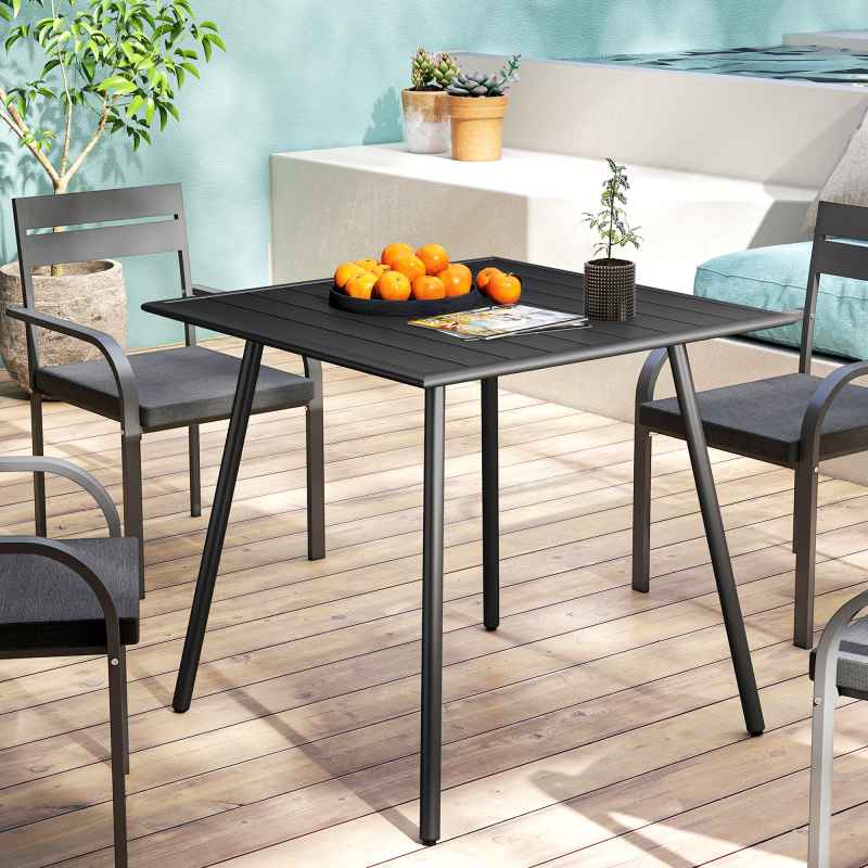 Outsunny Garden Dining Table for 4 Person, Square Outdoor Table with Easy Clean Slat Top, Rust Resistant Steel Frame, for Terrace, Balcony, 80 x 80 x 74 cm, Black