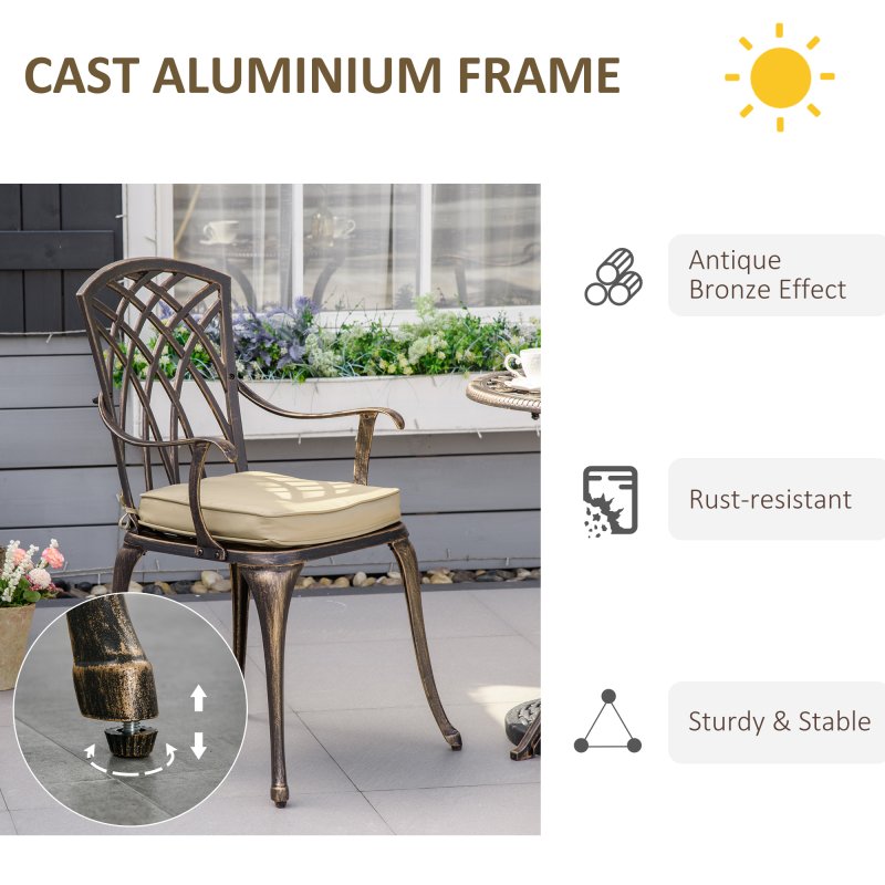 Outsunny 3 Piece Cast Aluminium Garden Bistro Set for 2, Outdoor Coffee Table Set Rust Resistant with Parasol Hole, Cushions, Patio Table and Chairs for Garden, Balcony, Bronze Tone
