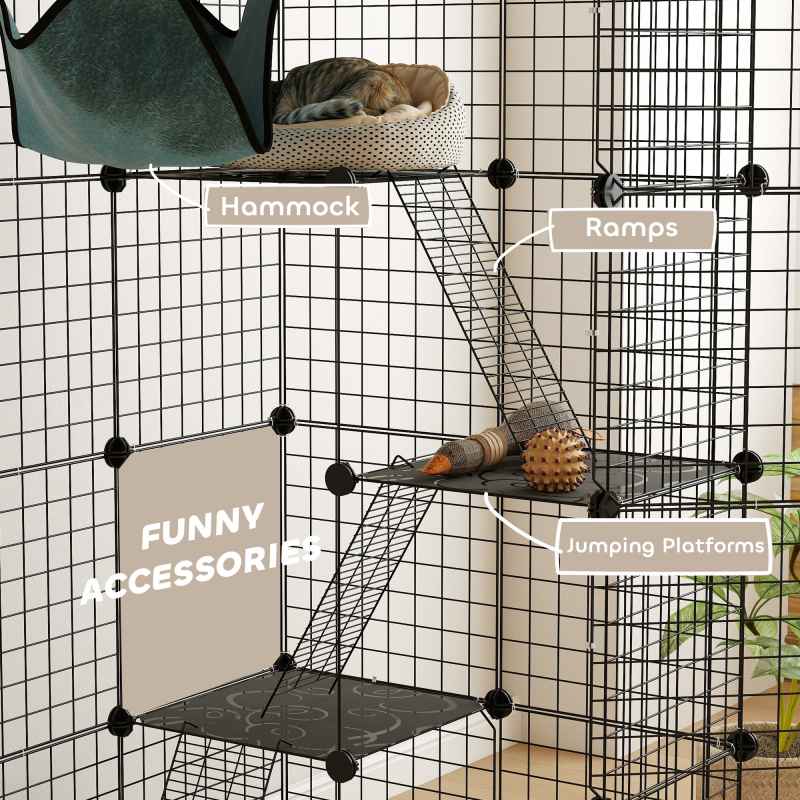 PawHut Cat Cage Indoor, DIY 4 Tier Wire Cat Enclosure with Hammock, Ramps, Doors, Jumping Platforms, Detachable Catio Indoor for 1-3 Cats, 105 x 70 x 140 cm, Black
