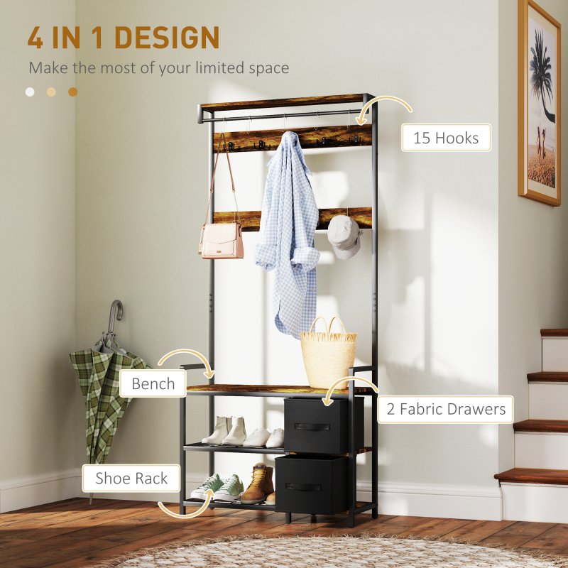 HOMCOM Coat Rack with Bench and Shoe Storage, 4-in-1 Coat Stand with 15 Coat Hooks, 2 Fabric Drawers for Hallway, Living Room, Bedroom, Rustic Brown