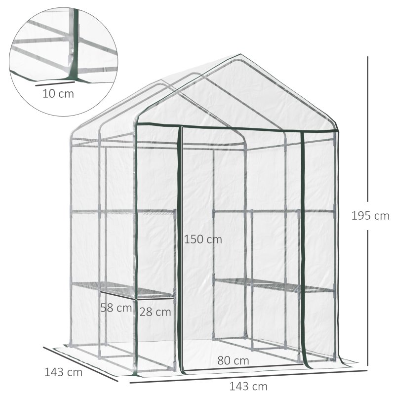 Outsunny Walk in Greenhouse with 3-Tier 8 Shelves, Green House with Hemmed Cover, Roll-up Zipped Door, Steel Frame, 143 x 143 x 195cm