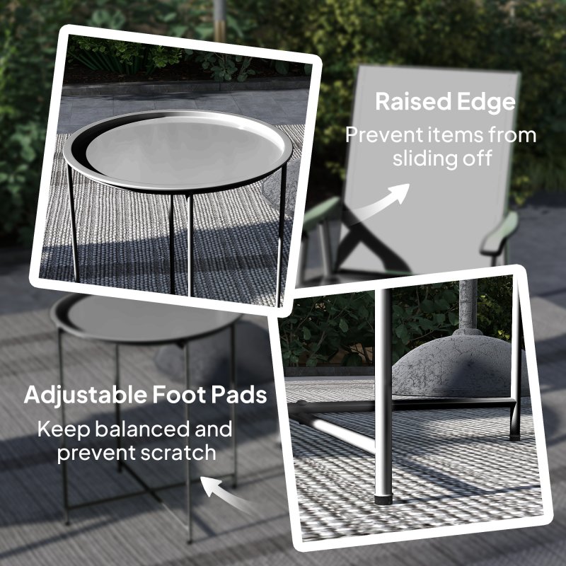 Outsunny 46cm Round Small Garden Table with Removable Tray and Folding Legs, Metal Garden Side Table, Indoor Outdoor Coffee Table End Table for Patio, Balcony, Porch, Black