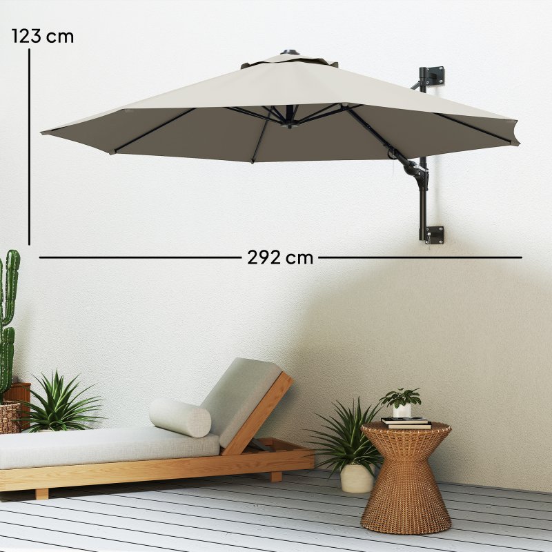 Outsunny 3 M Wall Mounted Garden Parasol Umbrella with Rotate, Outdoor Market Umbrella Sun Shade Canopy with 8 Ribs, Light Grey