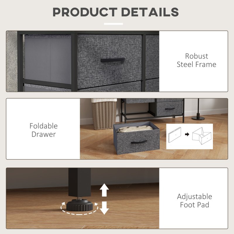 HOMCOM Fabric Chest of Drawers, Storage Drawers, Industrial Bedroom Dresser with 6 Fabric Drawers, Steel Frame and Wooden Top for Nursery, Living Room, Hallway, Black