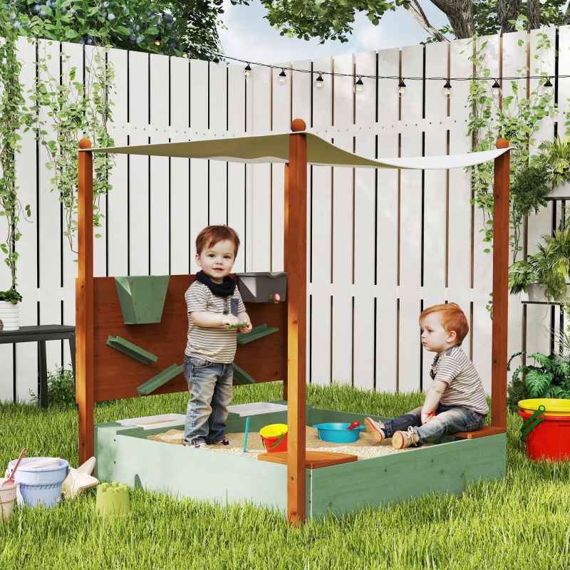 AIYAPLAY Wooden Kids Sandpit Outdoor Sandbox with Canopy with 2 Storage Bins, Funnel, Liner, Chutes, Bucket with Tap for 3-6 Years, 116 x 112.5 x 128 cm, Green