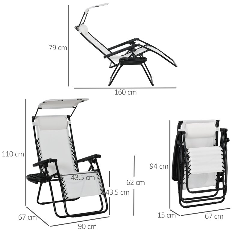 Outsunny Foldable Reclining Garden Chair with Headrest, Zero Gravity Deck Sun Lounger Seat Chair with Footrest, Armrest, Cup Holder & Canopy Shade, White
