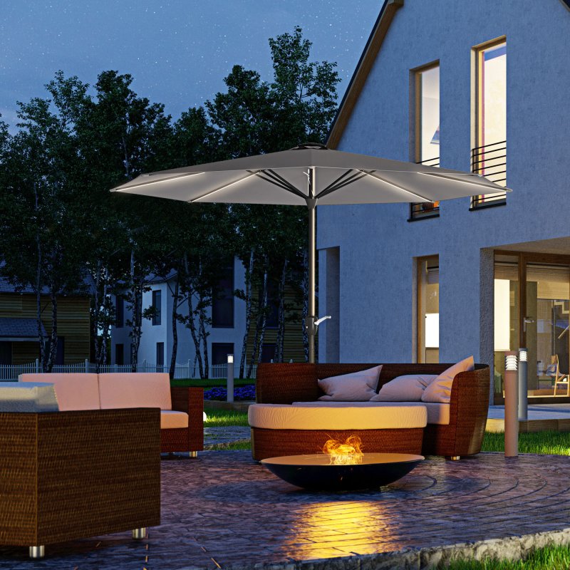 Outsunny 2.65m Garden Parasol with Lights, Solar Charged Warm Yellow LED Patio Umbrella with Crank Handle, for Balcony, Outdoor and Lawn, Charcoal Grey