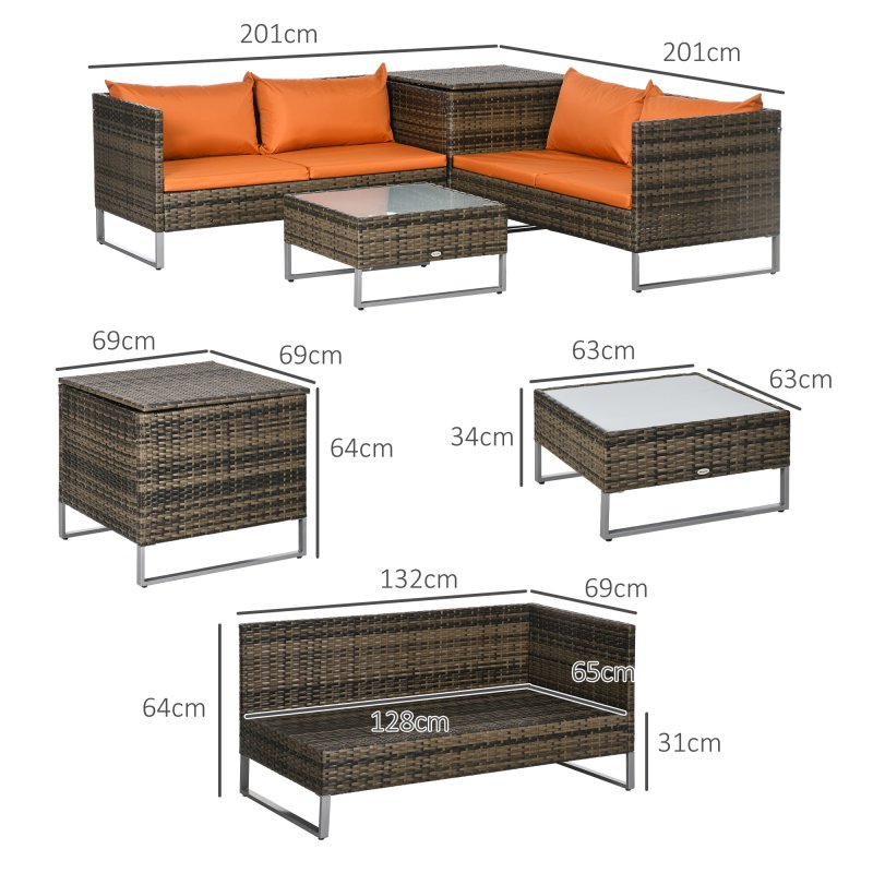 Outsunny 4 Seater Rattan Corner Sofa Set, Wicker Rattan Garden Furniture Set with Loveseats, Tables, Cushions for Outdoor, Patio, Orange