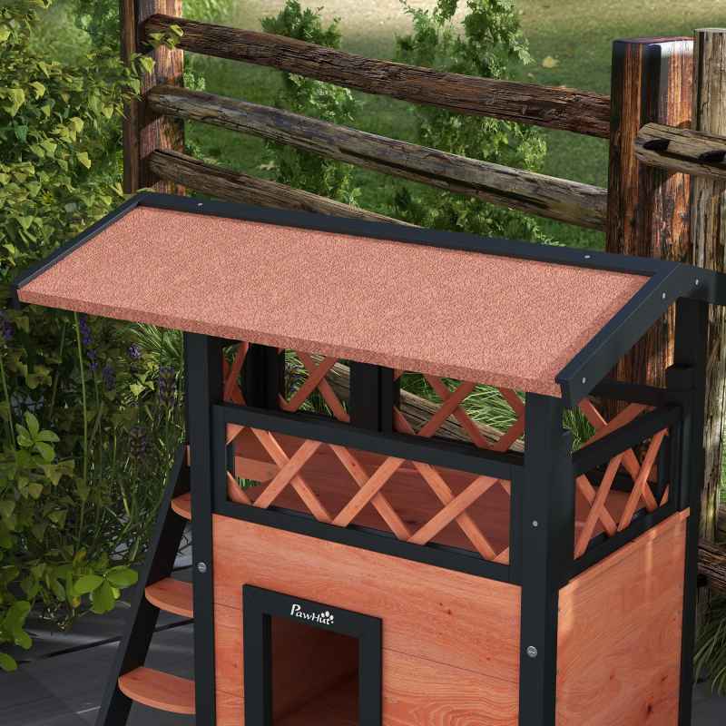 PawHut Outdoor Cat House Kitten Shelter Puppy Kennel with Balcony Stairs Asphalt Roof, 77 x 50 x 73 cm, Brown