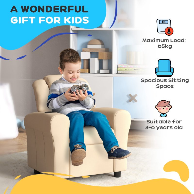 HOMCOM Kids Recliner, PU Leather Kids Armchair, Child Chair, Toddler Armchair with Adjustable Backrest, Footrest, Padded Headrest, Cup Holder, Beige