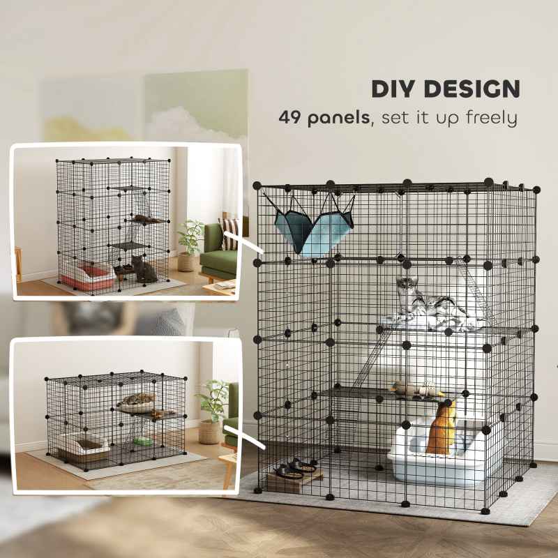 PawHut Cat Cage Indoor, DIY 4 Tier Wire Cat Enclosure with Hammock, Ramps, Doors, Jumping Platforms, Detachable Catio Indoor for 1-3 Cats, 105 x 105 x 140 cm, Black
