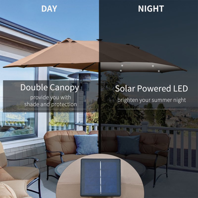 Outsunny 4.4m Double-Sided Sun Umbrella Garden Parasol Patio Sun Shade Outdoor with LED Solar Light, NO BASE INCLUDED, Khaki