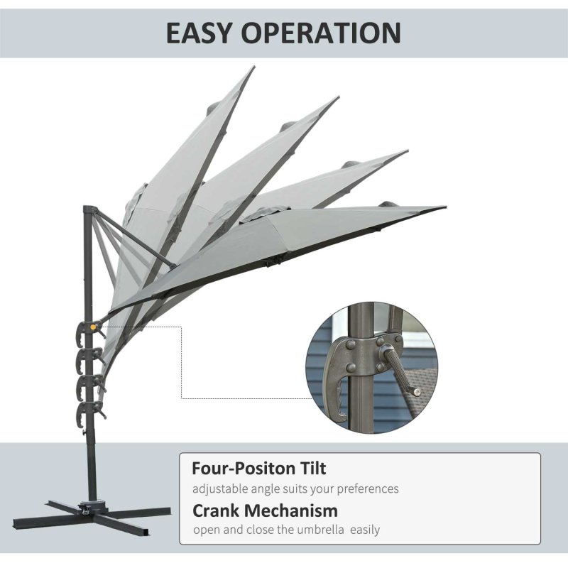 Outsunny 3(m) Patio Offset Parasol Roma Umbrella Cantilever Hanging Sun Shade Canopy Shelter Tilt 360 Rotation with Aluminium Frame Hand Crank Cross Base, Dark Grey